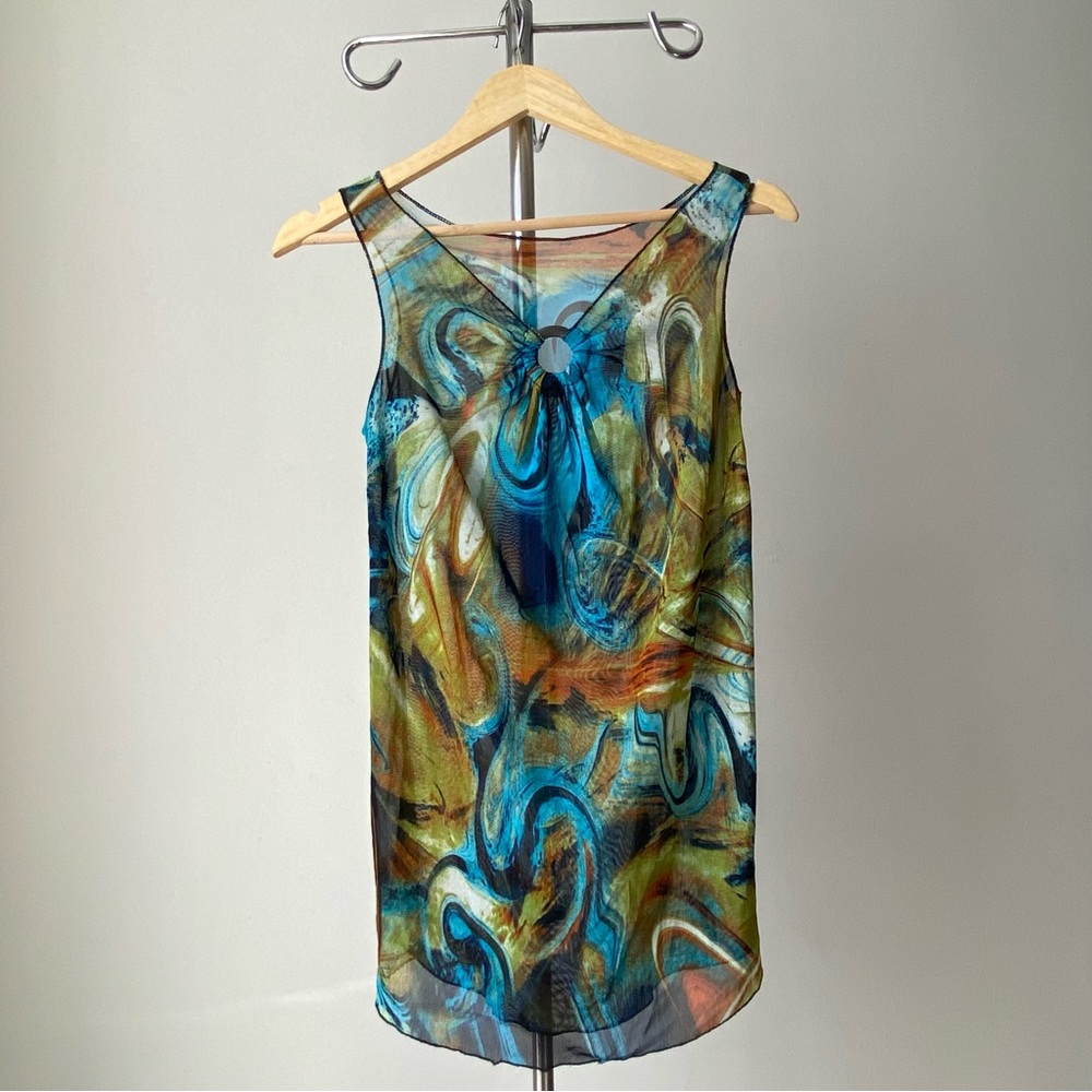 ☀️ Abstract Sleeveless Stretch Top w/ Wood Ring – Blue Green Brown – Size S